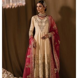 Elegant Cream and Red Embroidered Dress